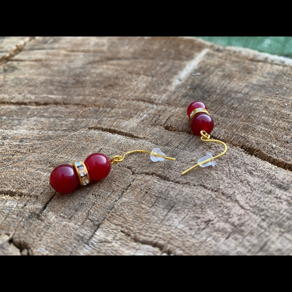 DARK RED 8 MM BEADED DANGLE EARRINGS